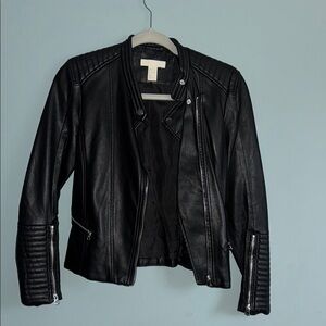 H&M Black Leather Jacket with Asymmetrical Zipper and Silver Hardware